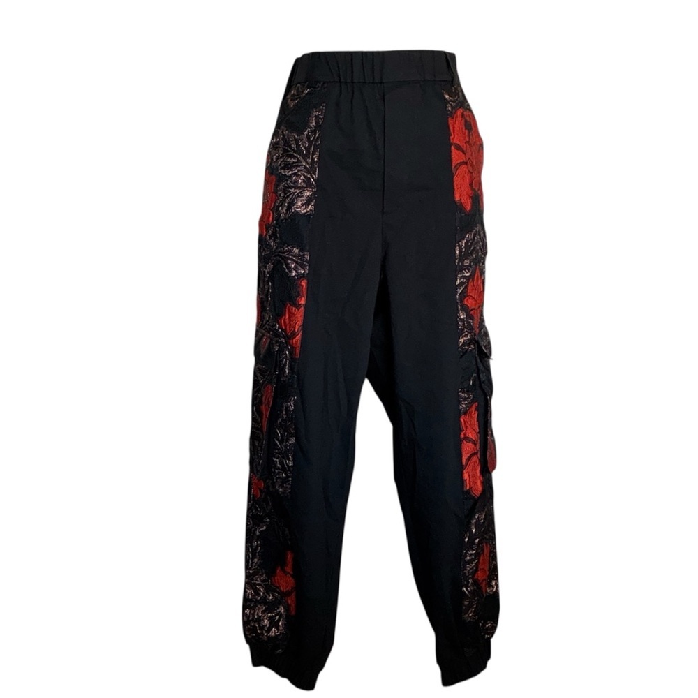 ORTTU Black Couture Pants with embroidered tapestry, cargo pockets, cuffs. M